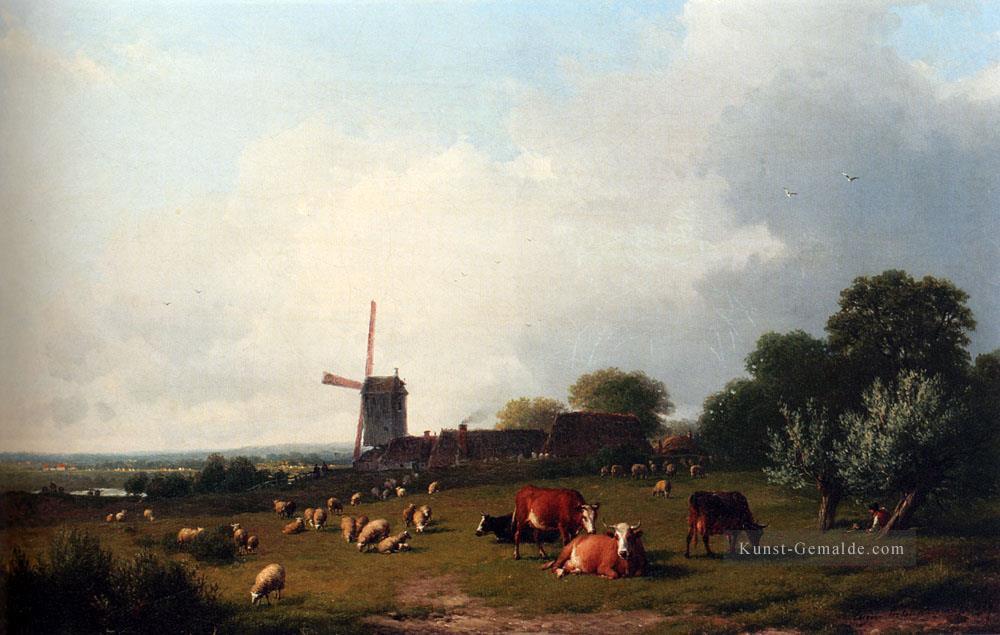 Ein Panorama Sommer Landschaft mit Vieh grasen auf einer Wiese Eugene Verboeckhoven Tier Ölgemälde